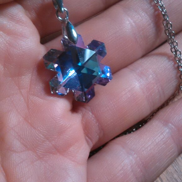 Mystic Color Crystal Snowflake Brass Pendant Stainless Steel Necklace - Picture 8 of 16